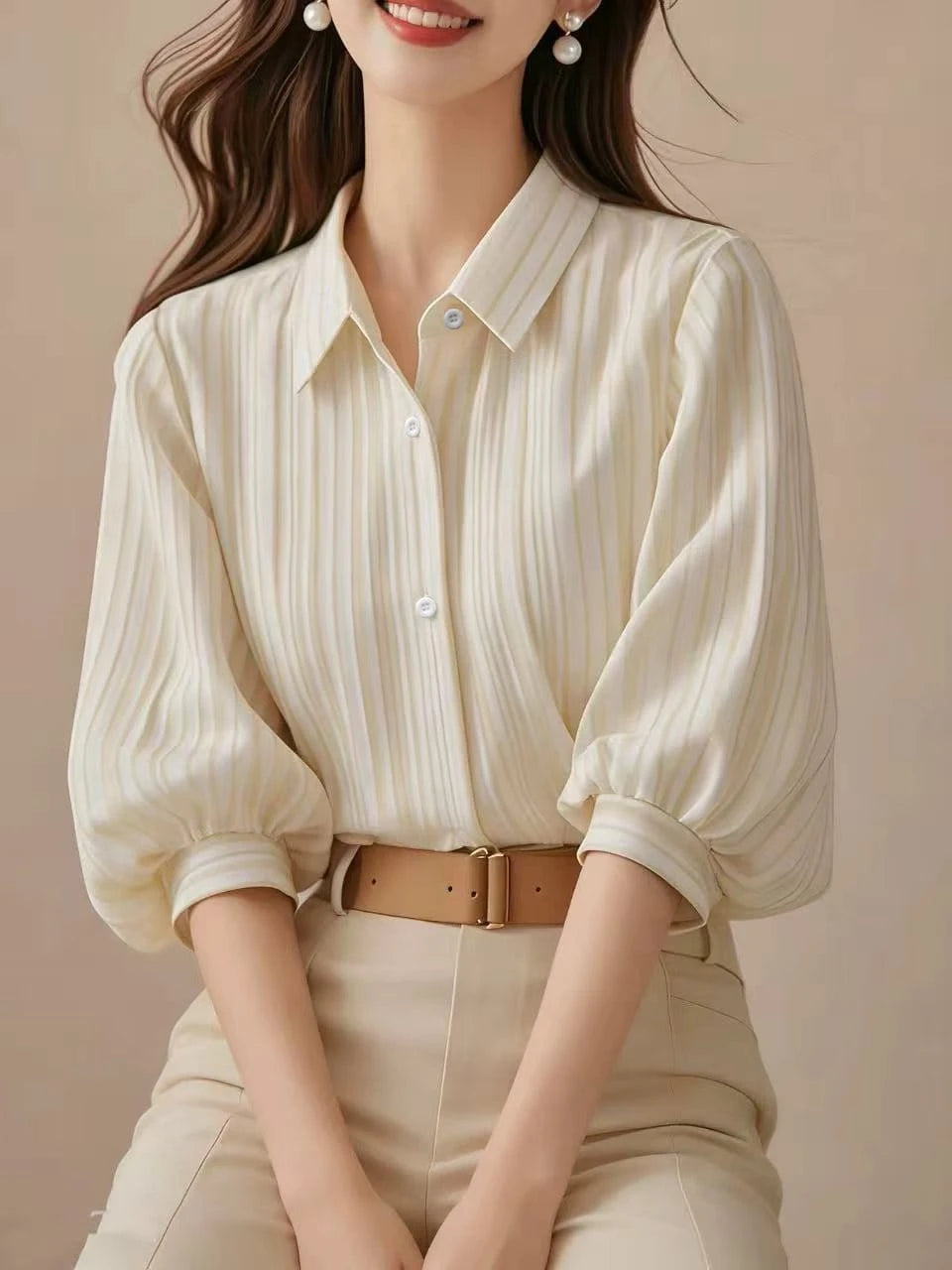 Elegant Black Striped Lantern Sleeve Blouse For Women, Versatile Commuter Short Sleeve Top, Random Cut Summer