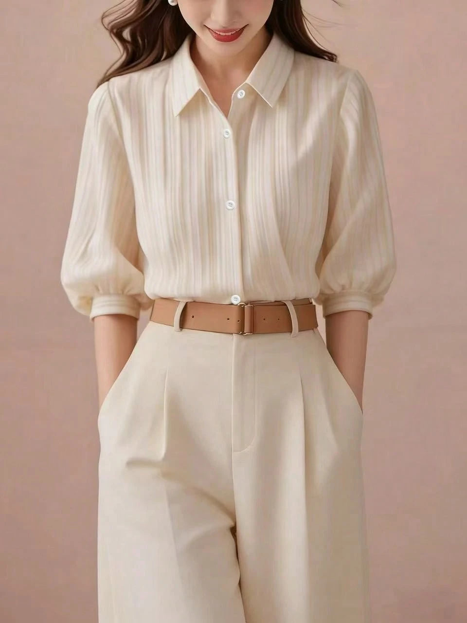 Elegant Black Striped Lantern Sleeve Blouse For Women, Versatile Commuter Short Sleeve Top, Random Cut Summer