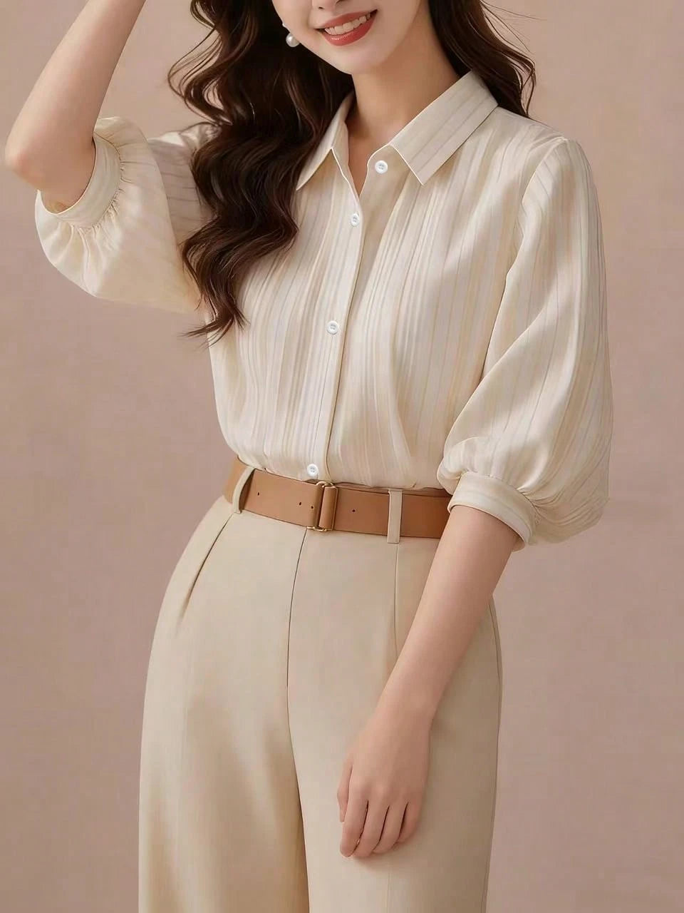 Elegant Black Striped Lantern Sleeve Blouse For Women, Versatile Commuter Short Sleeve Top, Random Cut Summer