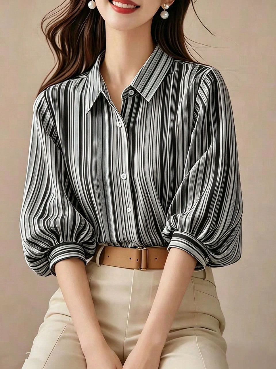 Elegant Black Striped Lantern Sleeve Blouse For Women, Versatile Commuter Short Sleeve Top, Random Cut Summer