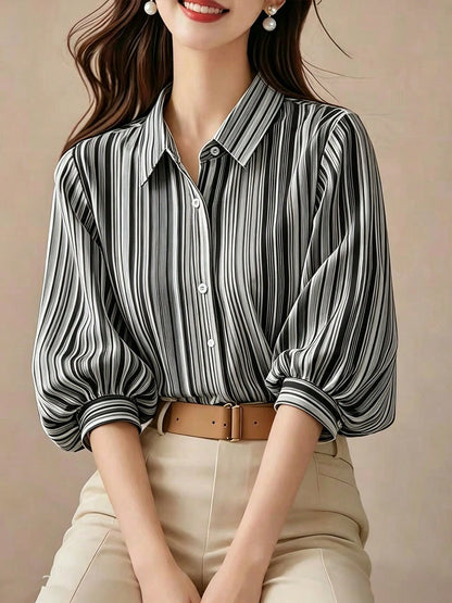 Elegant Black Striped Lantern Sleeve Blouse For Women, Versatile Commuter Short Sleeve Top, Random Cut Summer