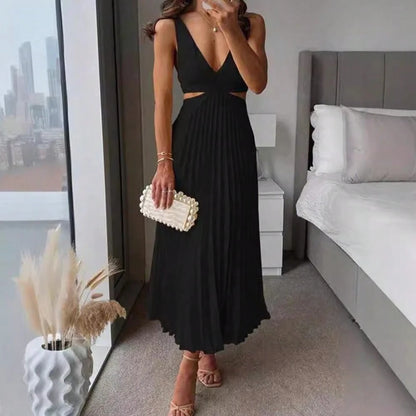 Elegant Deep V Neck Sleeveless Cutout Waist Pleated Midi Summer Dresses For Women, Chic Satin Party Cocktail Wedding Guest Dress