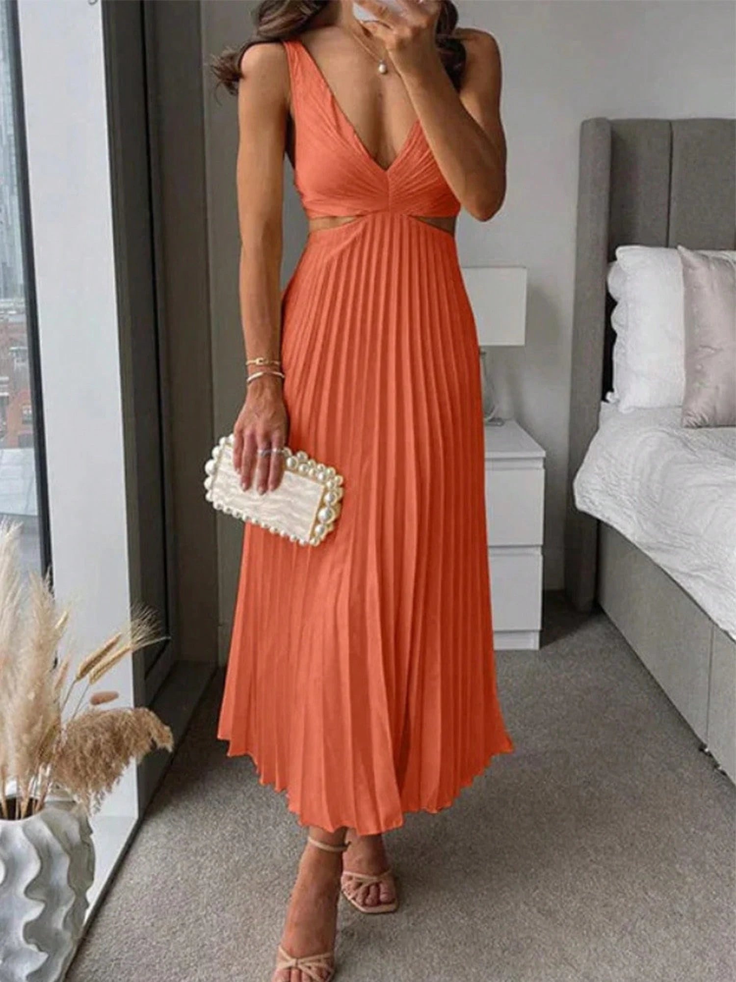 Elegant Deep V Neck Sleeveless Cutout Waist Pleated Midi Summer Dresses For Women, Chic Satin Party Cocktail Wedding Guest Dress