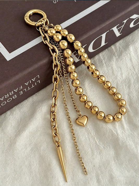 Elegant Metal Pearl Beaded Heart-Shaped Tassel Decor Pendant Keychain Beads Bag Chain Gift, Aesthetic