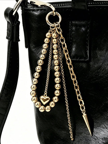 Elegant Metal Pearl Beaded Heart-Shaped Tassel Decor Pendant Keychain Beads Bag Chain Gift, Aesthetic