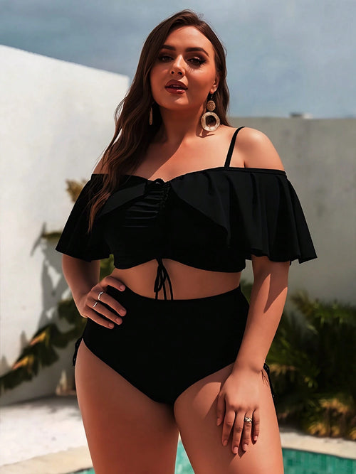 Elegant Plus Size Off The Shoulder Ruffle Bikini Set High Stretch Swimsuit Swimwear