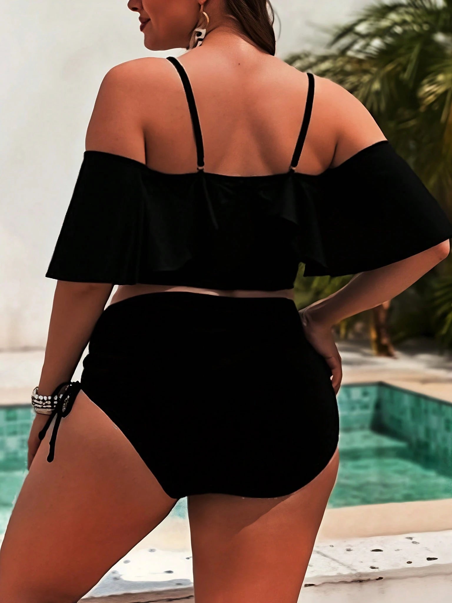 Elegant Plus Size Off The Shoulder Ruffle Bikini Set High Stretch Swimsuit Swimwear