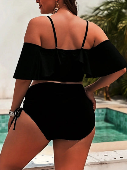 Elegant Plus Size Off The Shoulder Ruffle Bikini Set High Stretch Swimsuit Swimwear