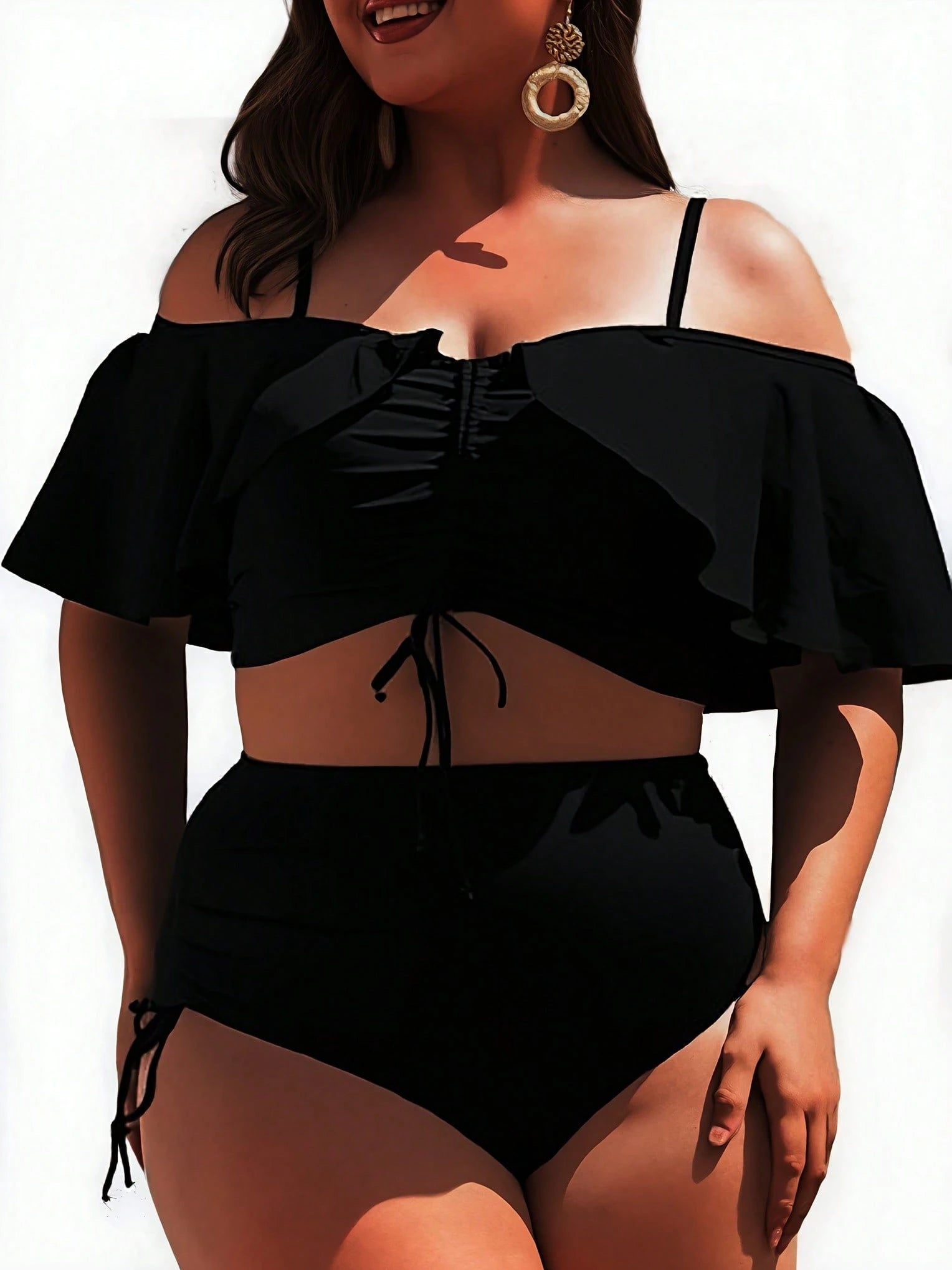 Elegant Plus Size Off The Shoulder Ruffle Bikini Set High Stretch Swimsuit Swimwear