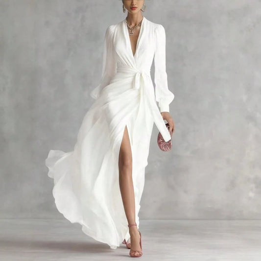 Elegant V Neck Waist Tie Chiffon Maxi Dress Women 2026 Slim Fit Layered Shirt Style Dress Chic Outfit