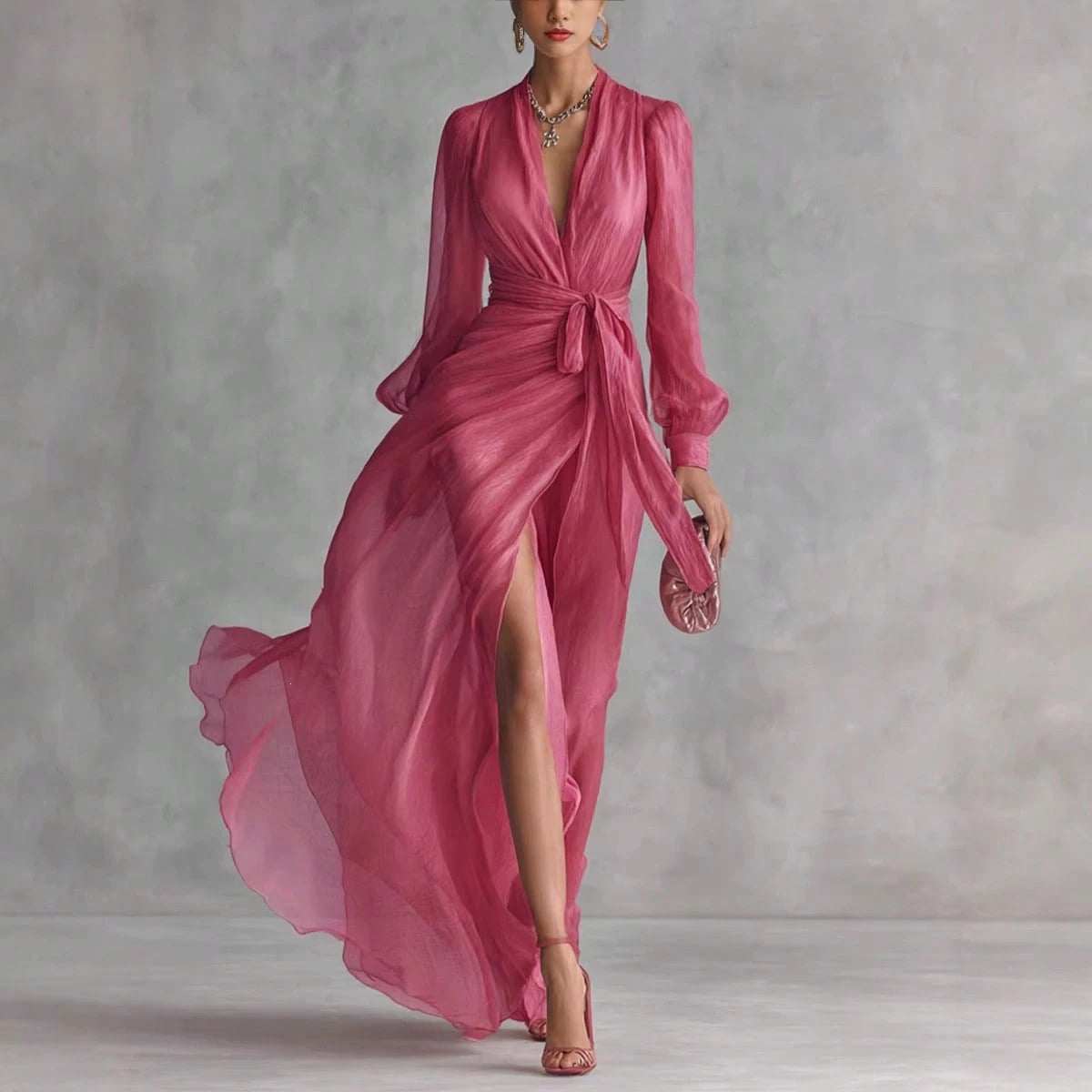 Elegant V Neck Waist Tie Chiffon Maxi Dress Women 2026 Slim Fit Layered Shirt Style Dress Chic Outfit
