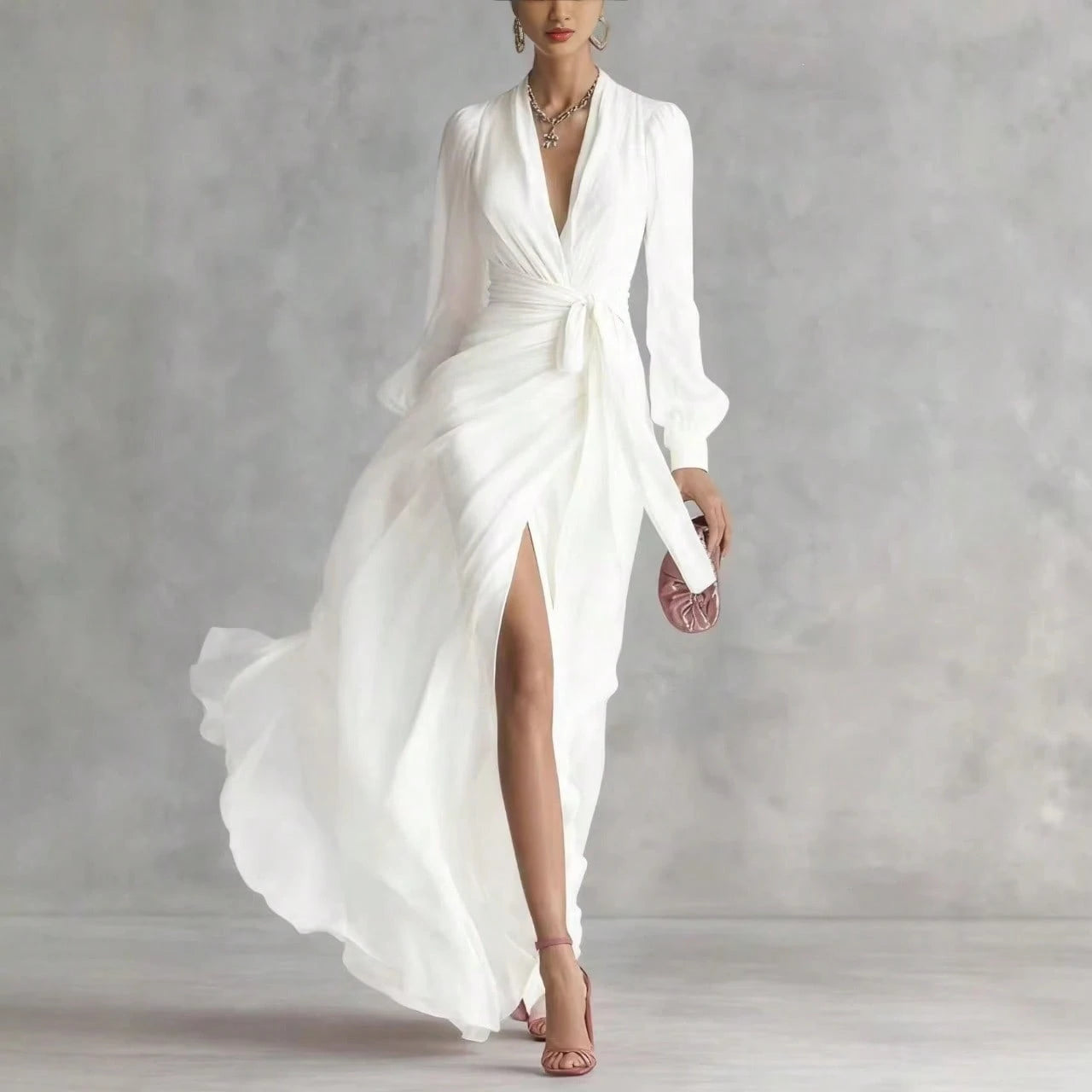 Elegant V Neck Waist Tie Chiffon Maxi Dress Women 2026 Slim Fit Layered Shirt Style Dress Chic Outfit