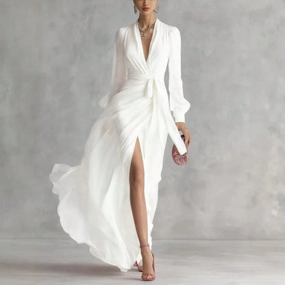 Elegant V Neck Waist Tie Chiffon Maxi Dress Women 2026 Slim Fit Layered Shirt Style Dress Chic Outfit