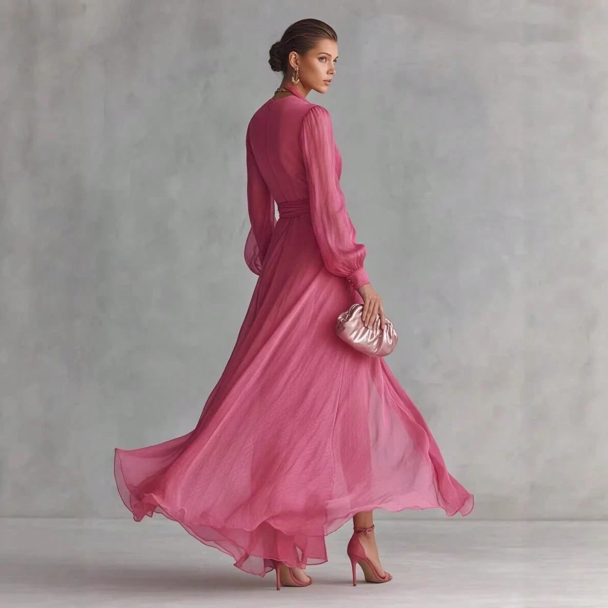Elegant V Neck Waist Tie Chiffon Maxi Dress Women 2026 Slim Fit Layered Shirt Style Dress Chic Outfit