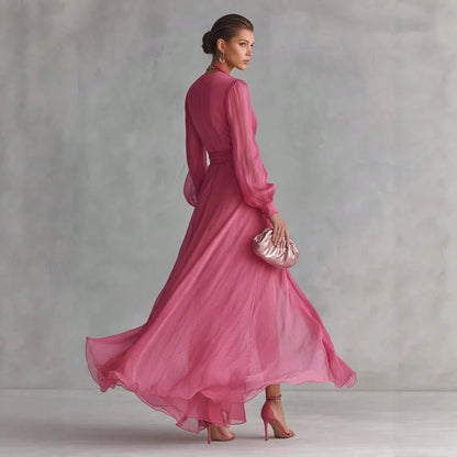Elegant V Neck Waist Tie Chiffon Maxi Dress Women 2026 Slim Fit Layered Shirt Style Dress Chic Outfit