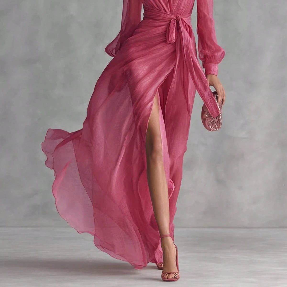 Elegant V Neck Waist Tie Chiffon Maxi Dress Women 2026 Slim Fit Layered Shirt Style Dress Chic Outfit