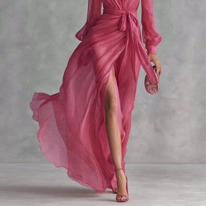 Elegant V Neck Waist Tie Chiffon Maxi Dress Women 2026 Slim Fit Layered Shirt Style Dress Chic Outfit