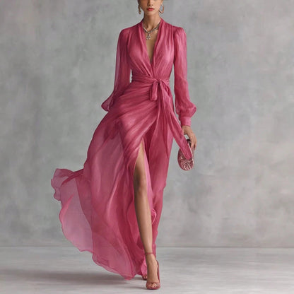 Elegant V Neck Waist Tie Chiffon Maxi Dress Women 2026 Slim Fit Layered Shirt Style Dress Chic Outfit