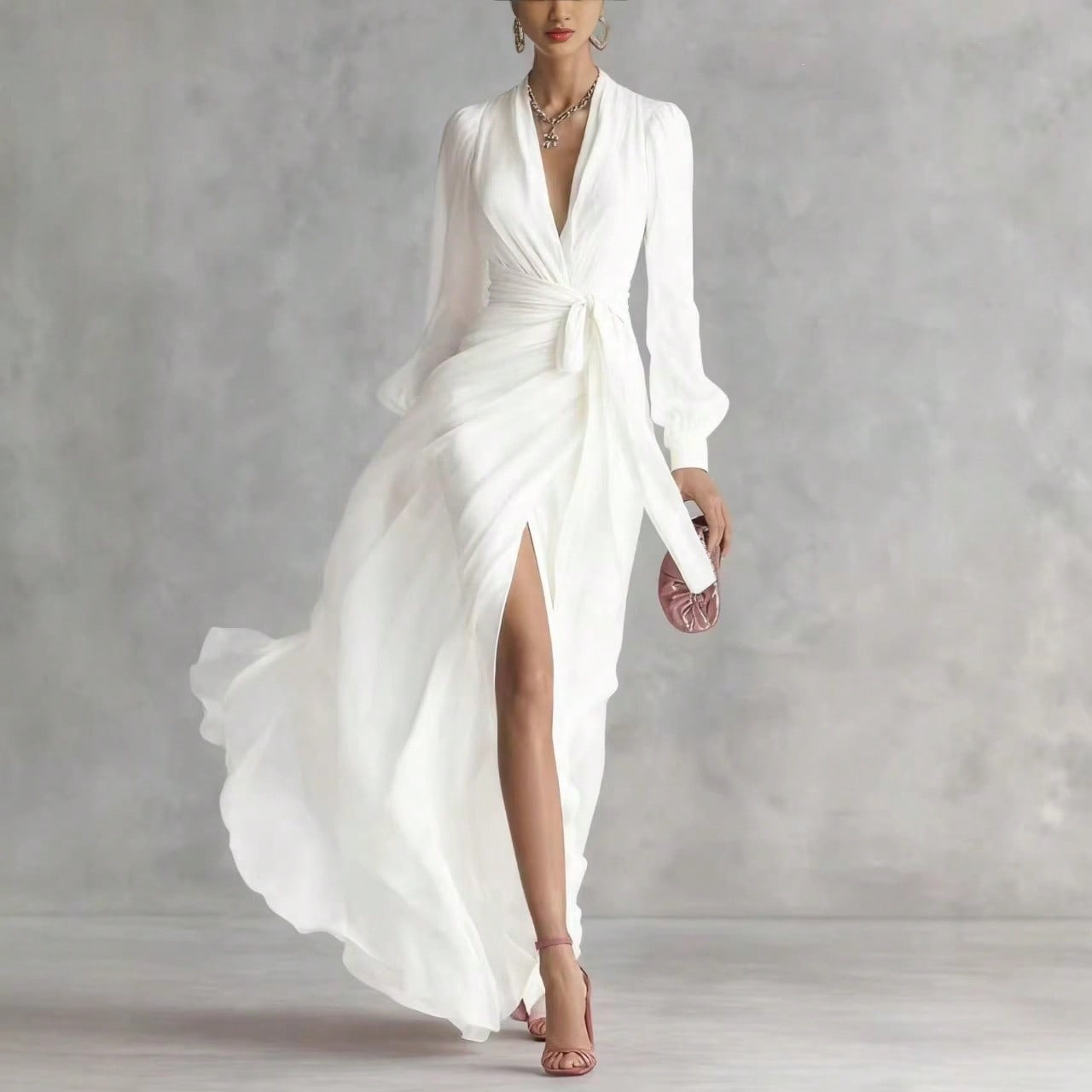 Elegant V Neck Waist Tie Chiffon Maxi Dress Women 2026 Slim Fit Layered Shirt Style Dress Chic Outfit