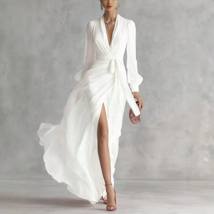 Elegant V Neck Waist Tie Chiffon Maxi Dress Women 2026 Slim Fit Layered Shirt Style Dress Chic Outfit