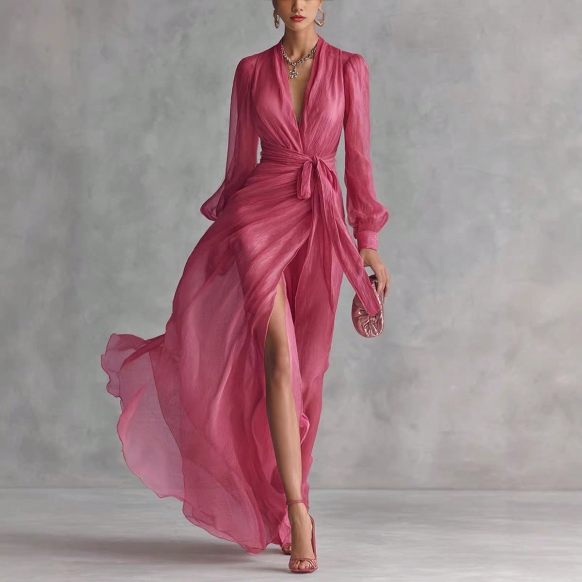 Elegant V Neck Waist Tie Chiffon Maxi Dress Women 2026 Slim Fit Layered Shirt Style Dress Chic Outfit