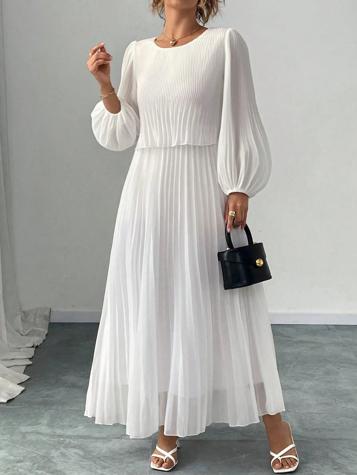 Elegant White Pearl Chiffon Long Sleeve Dress Spring