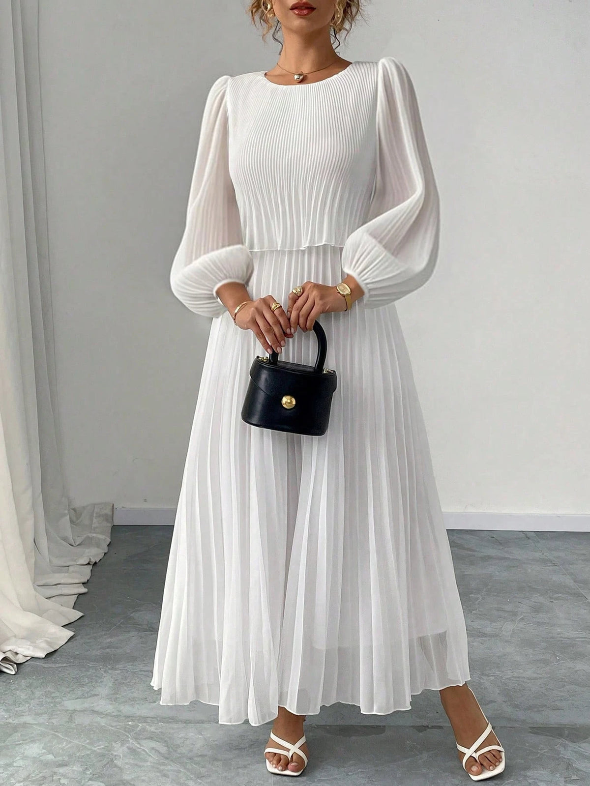 Elegant White Pearl Chiffon Long Sleeve Dress Spring