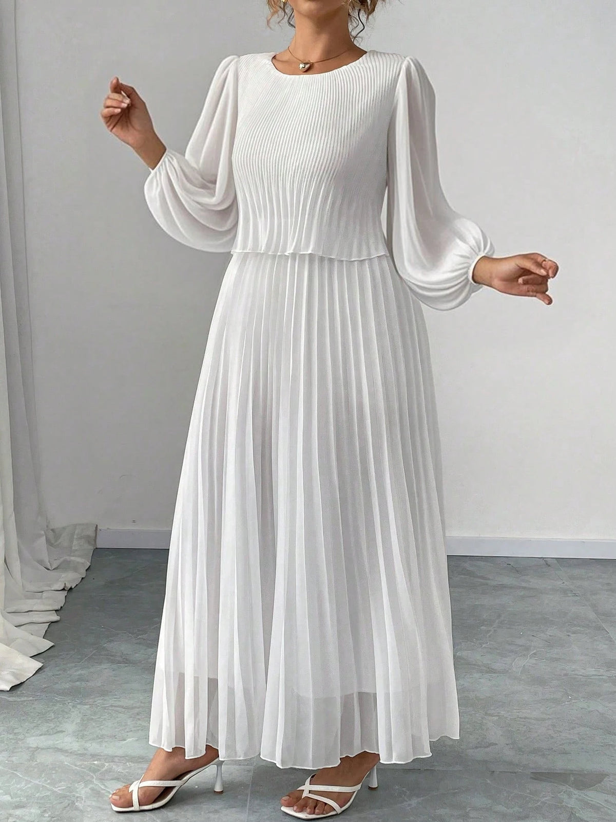 Elegant White Pearl Chiffon Long Sleeve Dress Spring