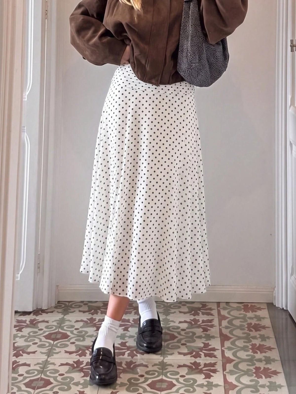 Elegant Women's Mid-Length Asymmetric Polka Dot Dress, Made Of Moderately Elastic Knit Fabric