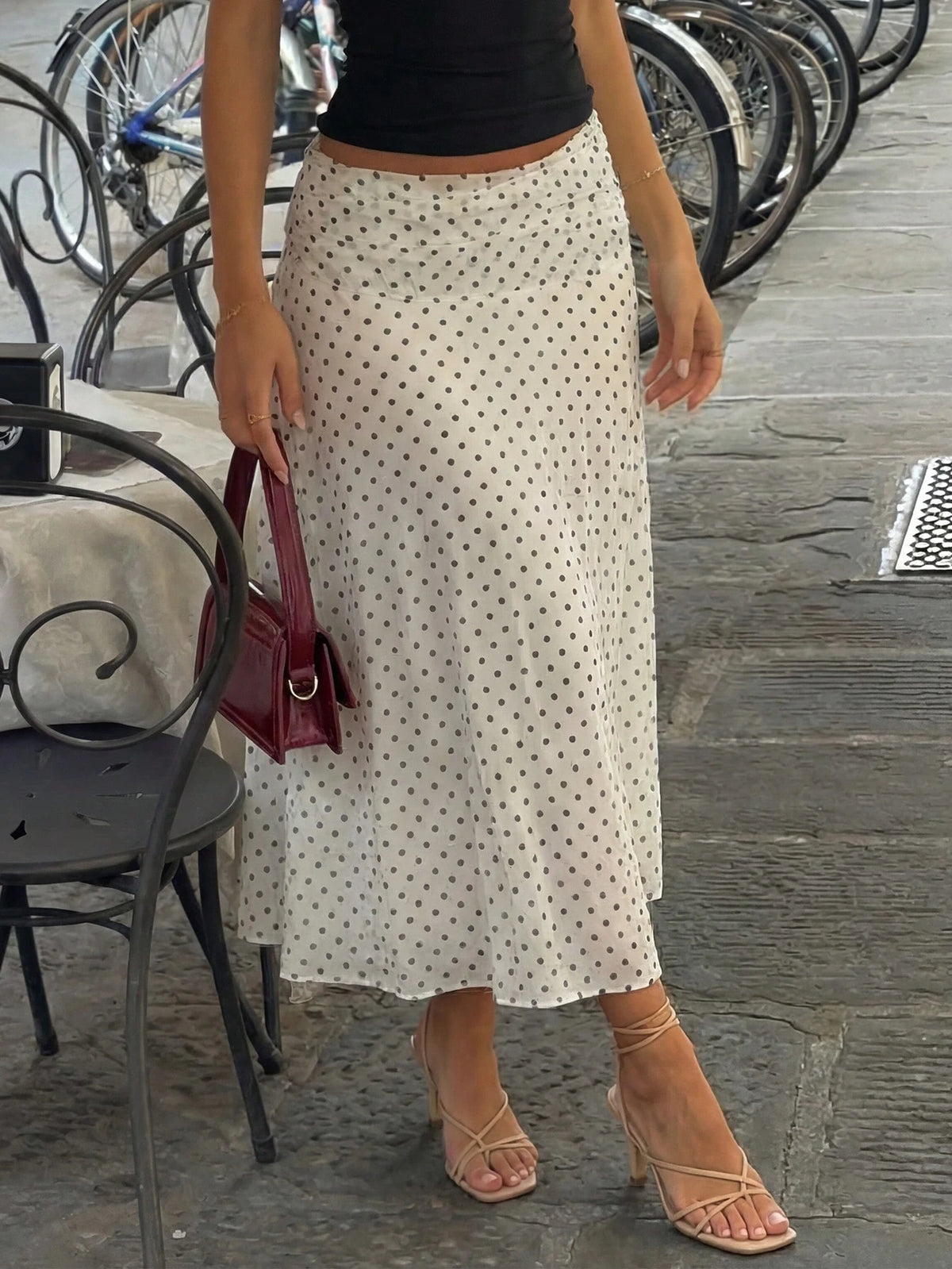 Elegant Women's Mid-Length Asymmetric Polka Dot Dress, Made Of Moderately Elastic Knit Fabric
