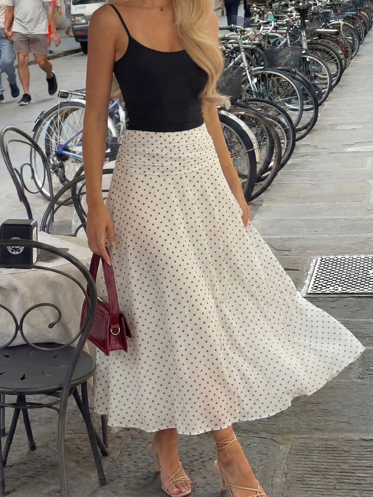 Elegant Women's Mid-Length Asymmetric Polka Dot Dress, Made Of Moderately Elastic Knit Fabric
