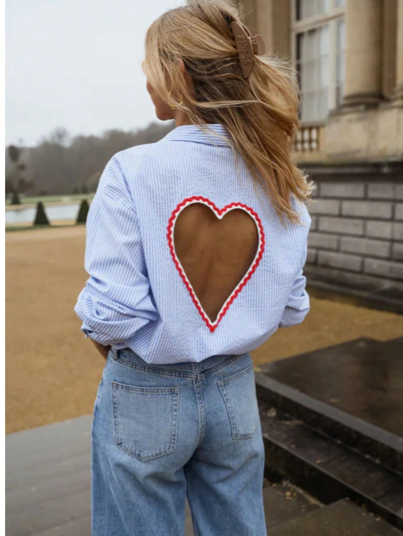 Elegant Women's Striped Long Sleeve Backless Hollow Out Embroidered Heart Blouse Top, Versatile Casual, Spring/Summer, Blue