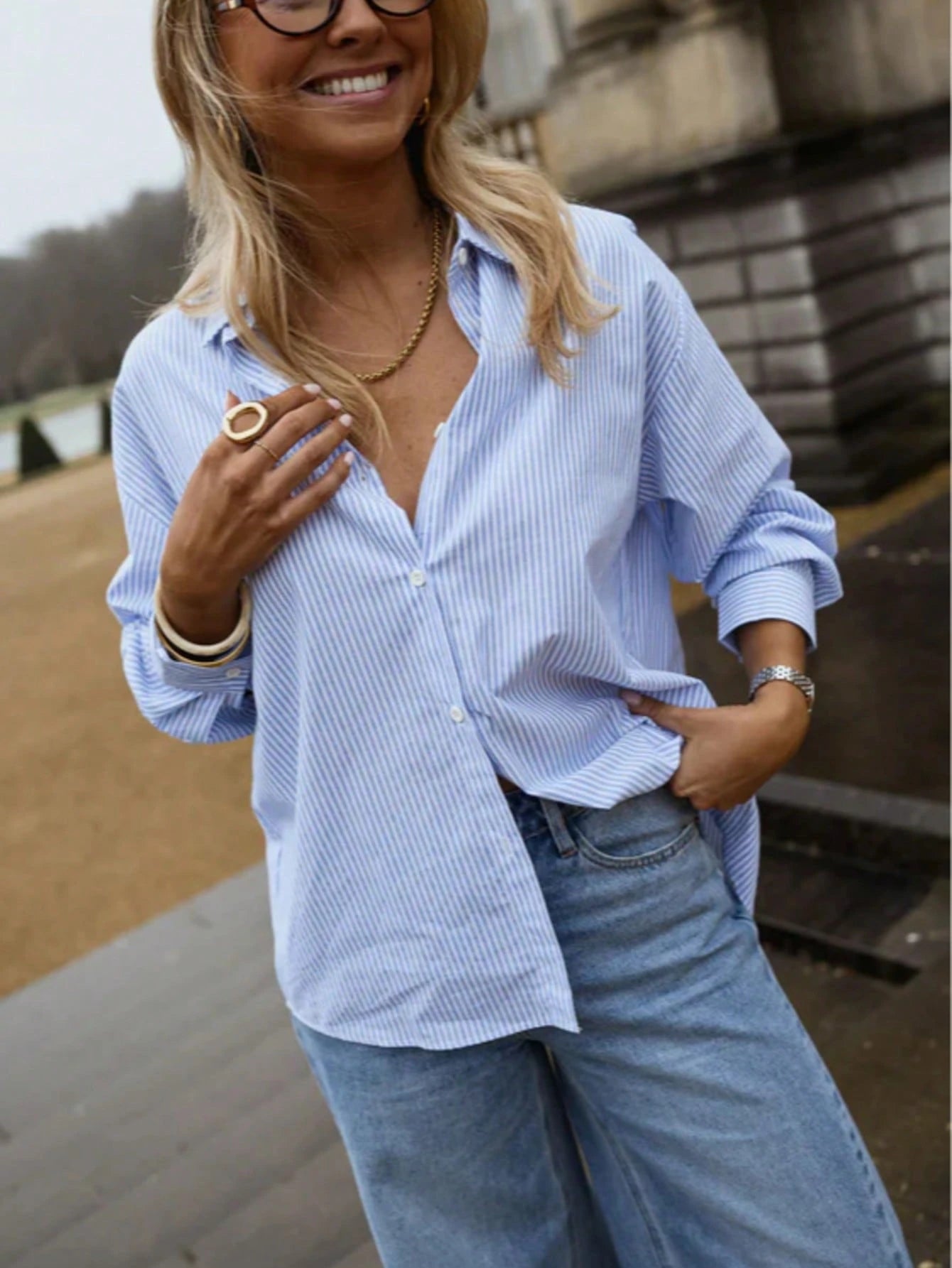 Elegant Women's Striped Long Sleeve Backless Hollow Out Embroidered Heart Blouse Top, Versatile Casual, Spring/Summer, Blue