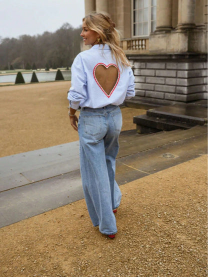 Elegant Women's Striped Long Sleeve Backless Hollow Out Embroidered Heart Blouse Top, Versatile Casual, Spring/Summer, Blue