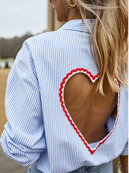 Elegant Women's Striped Long Sleeve Backless Hollow Out Embroidered Heart Blouse Top, Versatile Casual, Spring/Summer, Blue