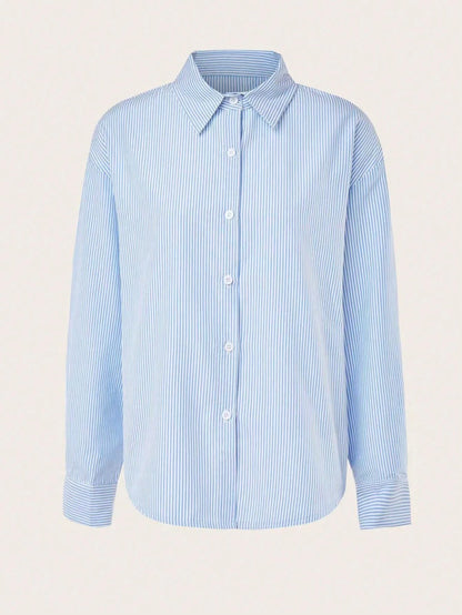 Elegant Women's Striped Long Sleeve Backless Hollow Out Embroidered Heart Blouse Top, Versatile Casual, Spring/Summer, Blue