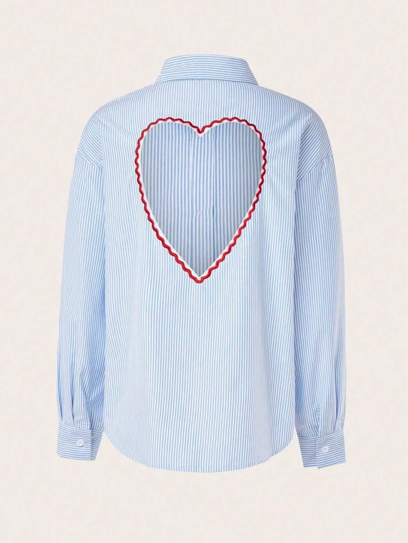 Elegant Women's Striped Long Sleeve Backless Hollow Out Embroidered Heart Blouse Top, Versatile Casual, Spring/Summer, Blue