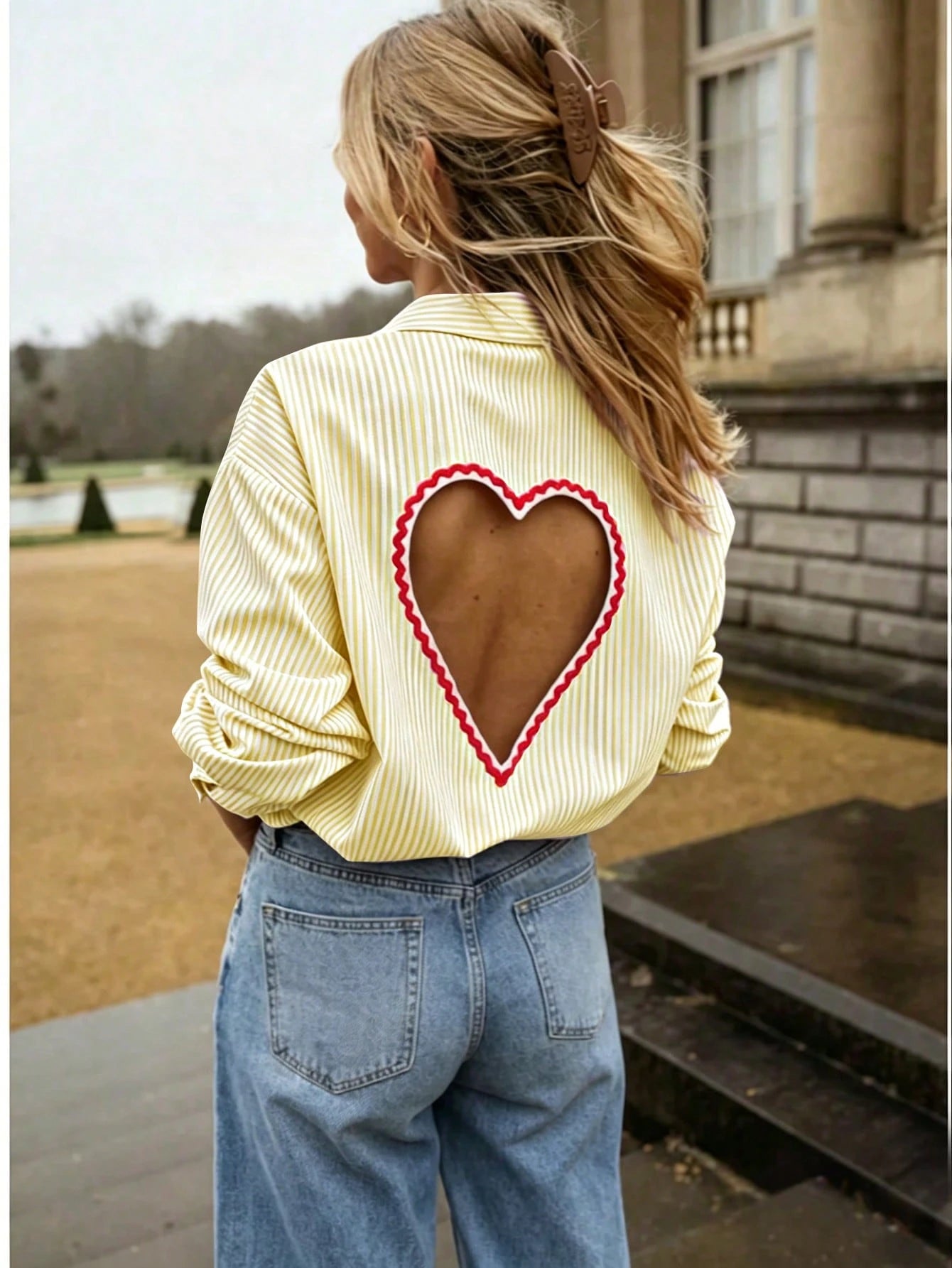 Elegant Women's Striped Long Sleeve Backless Hollow Out Embroidered Heart Blouse Top, Versatile Casual, Spring/Summer, Blue