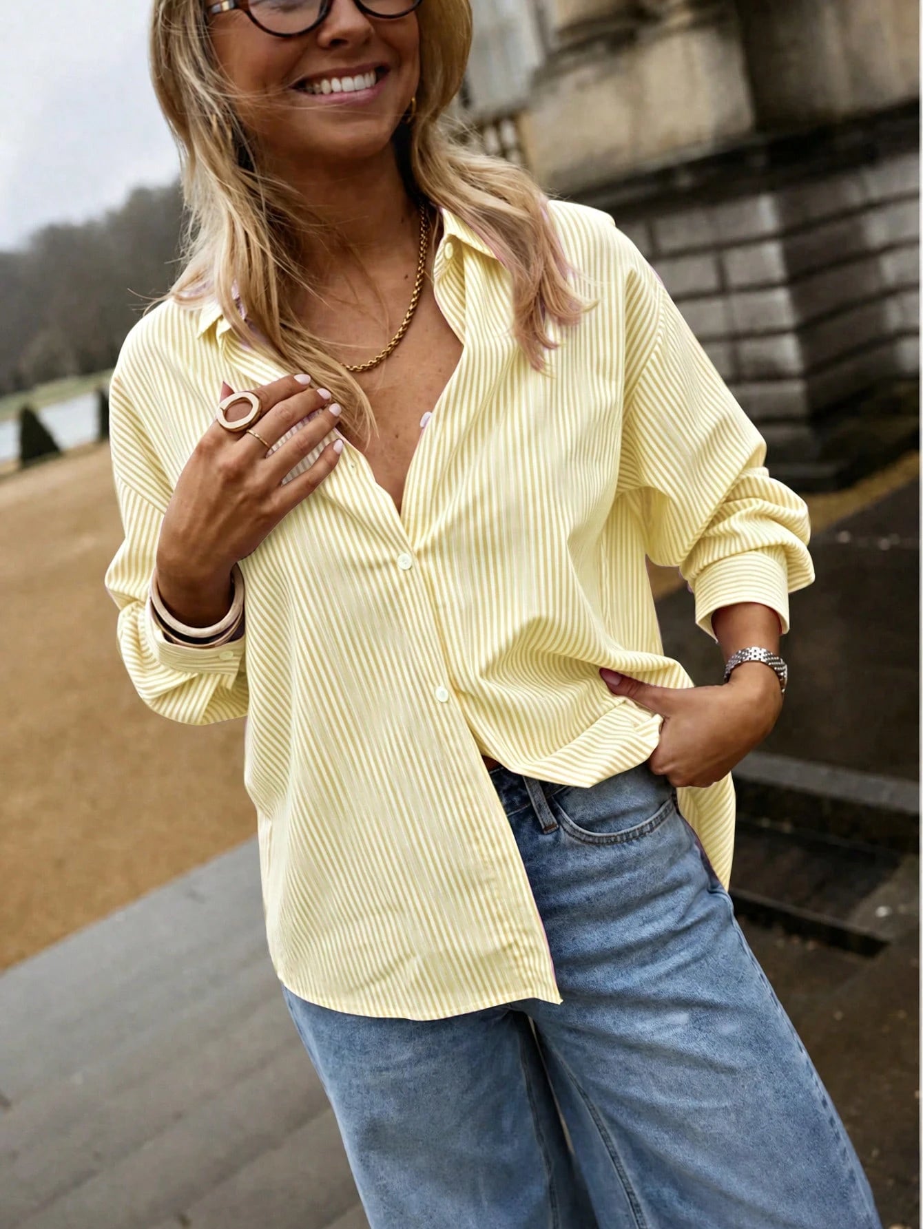 Elegant Women's Striped Long Sleeve Backless Hollow Out Embroidered Heart Blouse Top, Versatile Casual, Spring/Summer, Blue