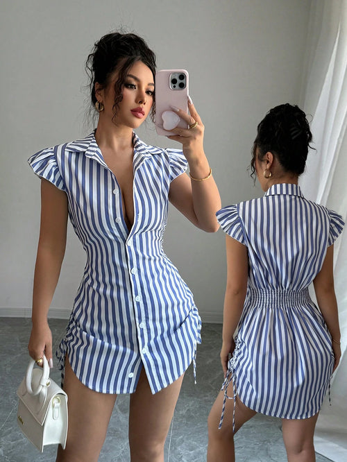 Elenzga Elegant Vacation Blue Striped Side Cinched Tiered Sleeve Shirt Dress
