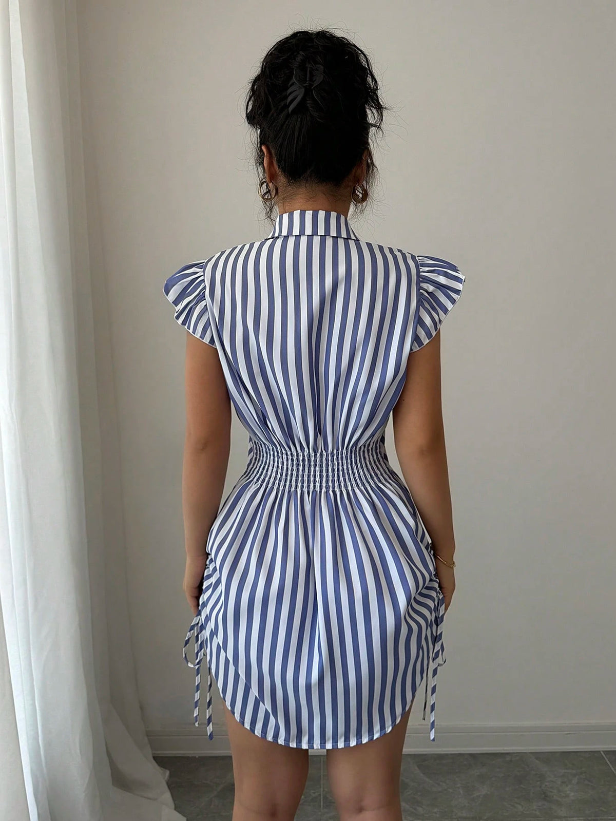 Elenzga Elegant Vacation Blue Striped Side Cinched Tiered Sleeve Shirt Dress