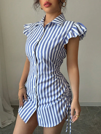 Elenzga Elegant Vacation Blue Striped Side Cinched Tiered Sleeve Shirt Dress