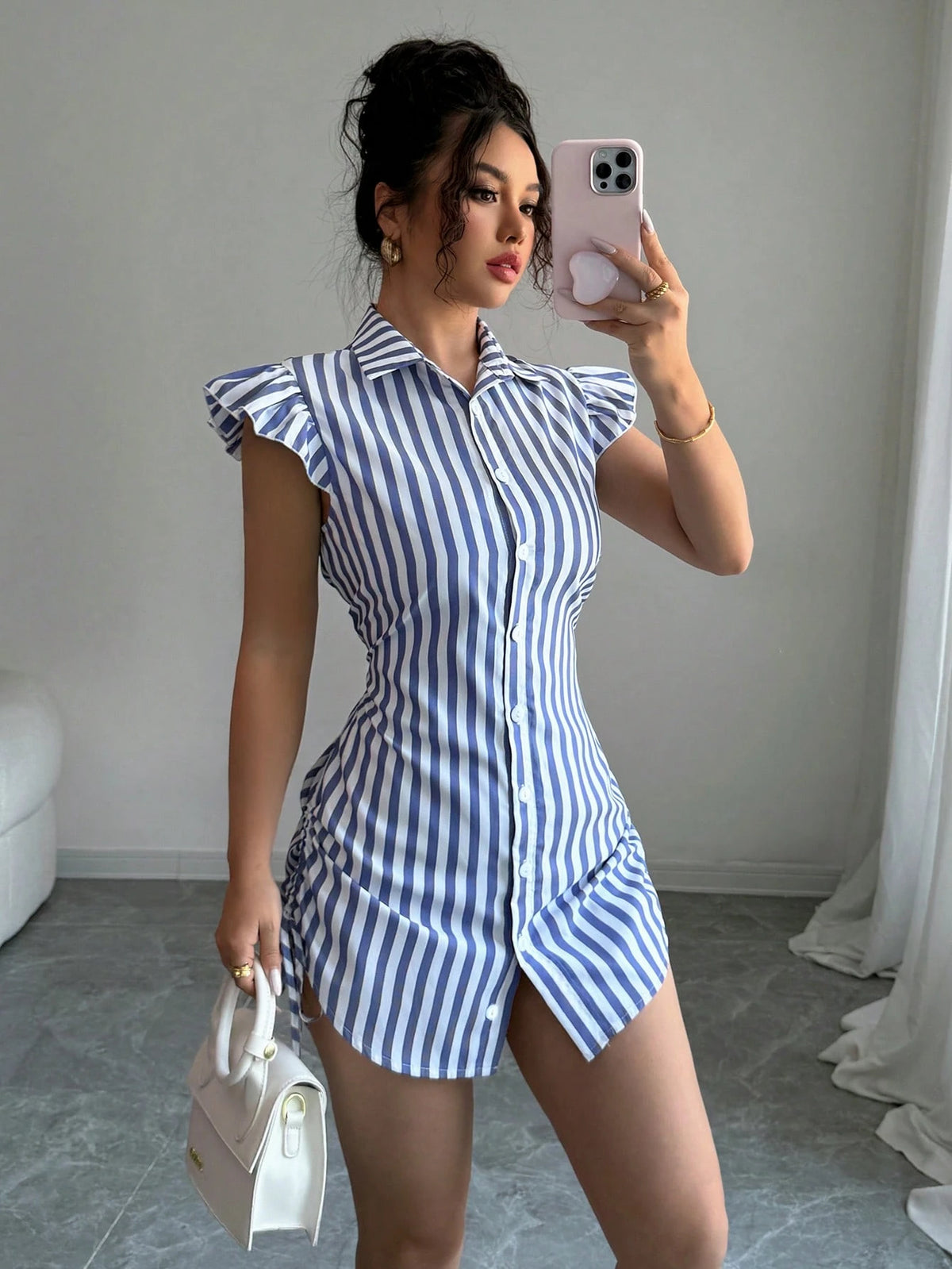 Elenzga Elegant Vacation Blue Striped Side Cinched Tiered Sleeve Shirt Dress