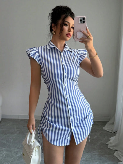 Elenzga Elegant Vacation Blue Striped Side Cinched Tiered Sleeve Shirt Dress