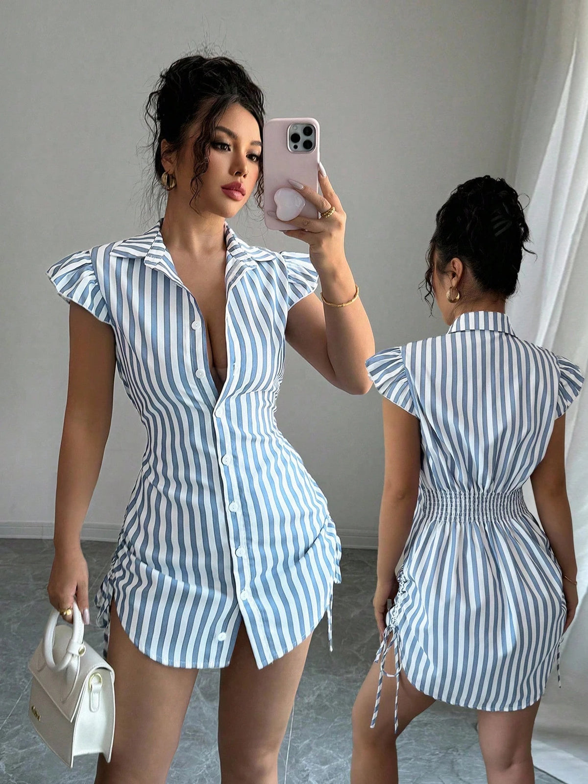 Elenzga Elegant Vacation Blue Striped Side Cinched Tiered Sleeve Shirt Dress