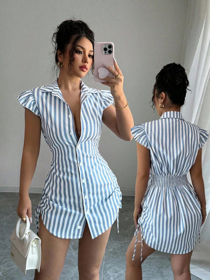 Elenzga Elegant Vacation Blue Striped Side Cinched Tiered Sleeve Shirt Dress