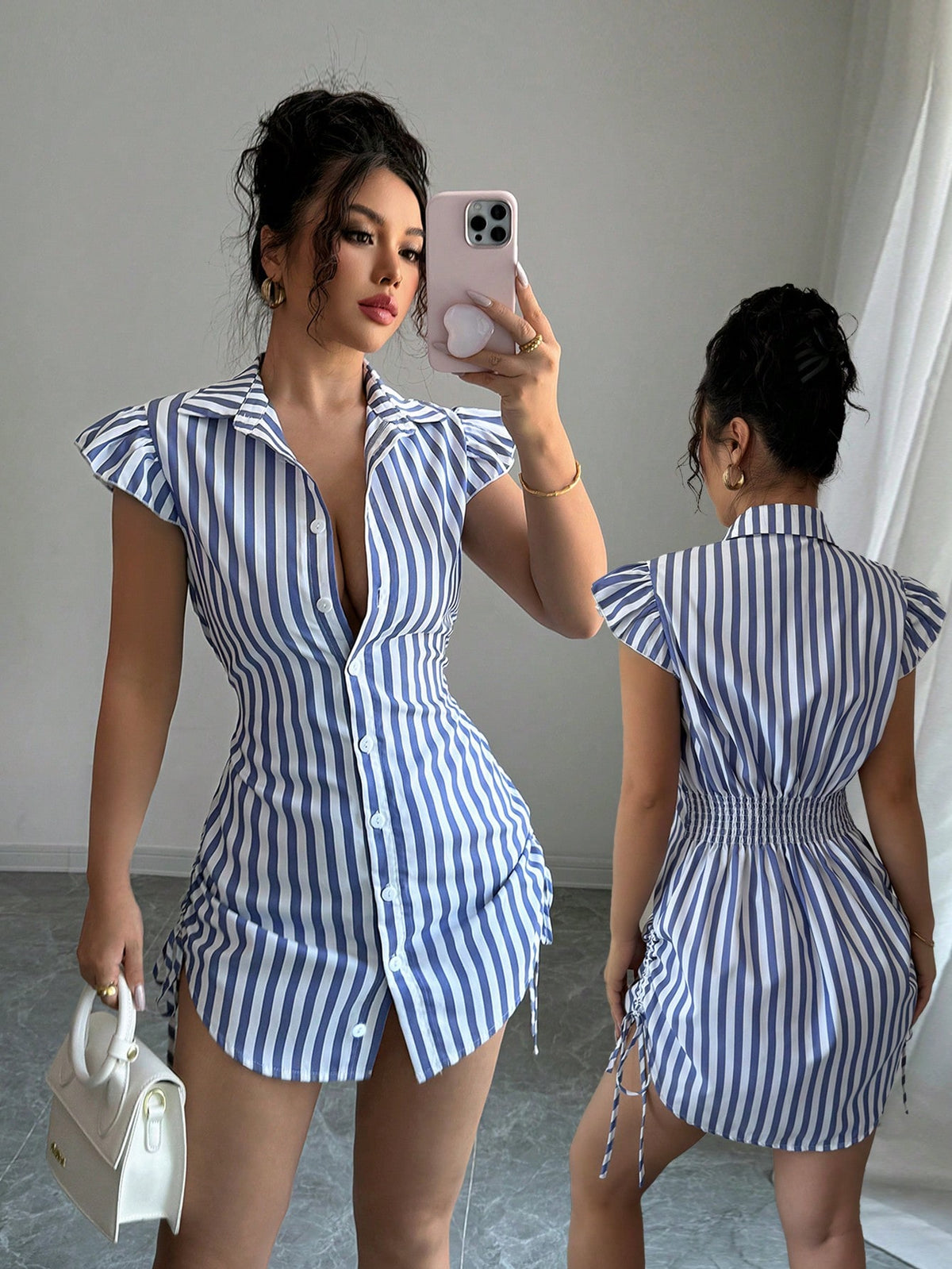 Elenzga Elegant Vacation Blue Striped Side Cinched Tiered Sleeve Shirt Dress