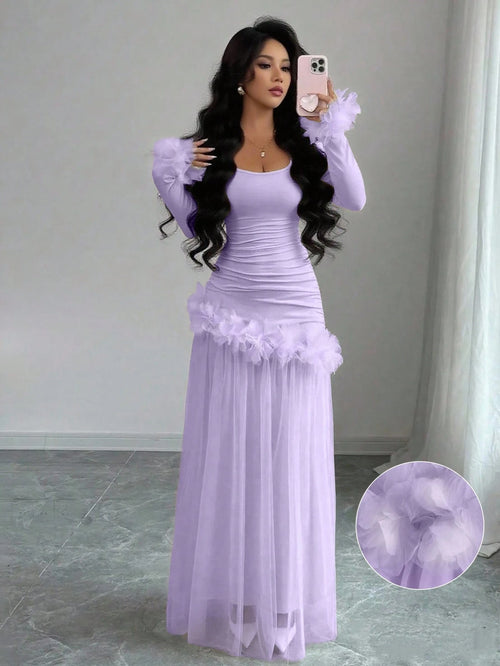 Elenzga Lavender Autumn Women's Elegant Birthday Party Slim Floral Lace Mesh Patchwork Mid-Length Dress,French-Style Long Sleeve Winter Wedding Party