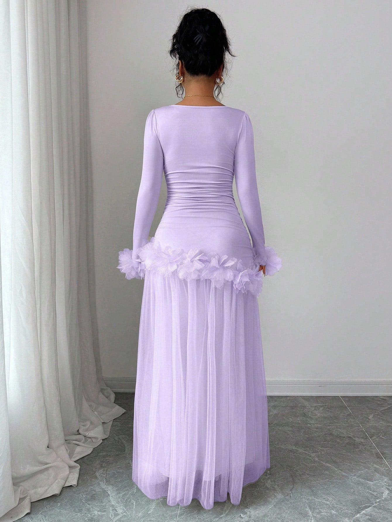 Elenzga Lavender Autumn Women's Elegant Birthday Party Slim Floral Lace Mesh Patchwork Mid-Length Dress,French-Style Long Sleeve Winter Wedding Party