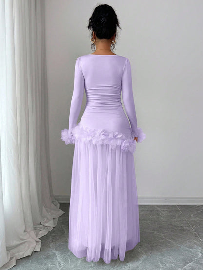 Elenzga Lavender Autumn Women's Elegant Birthday Party Slim Floral Lace Mesh Patchwork Mid-Length Dress,French-Style Long Sleeve Winter Wedding Party